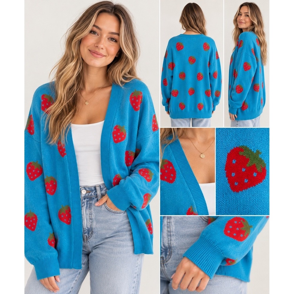 Womens XXL Blue Strawberry Cardigan Sweater Kawaii Cottagecore Oversized Open